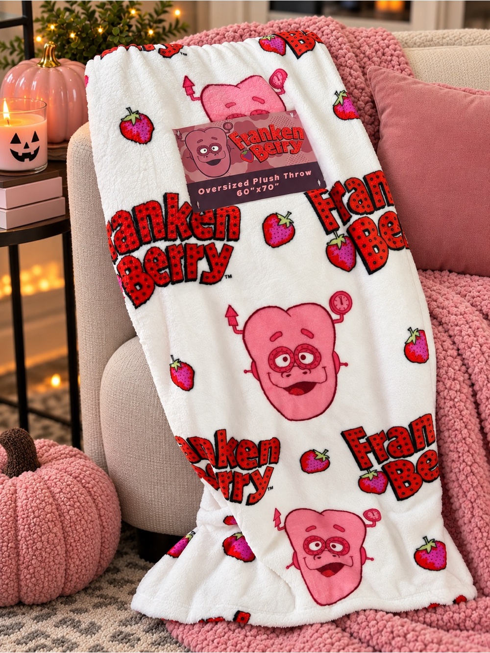 Franken Berry Cereal oversized pink plush throw blanket 60x70 #halloween #spooky